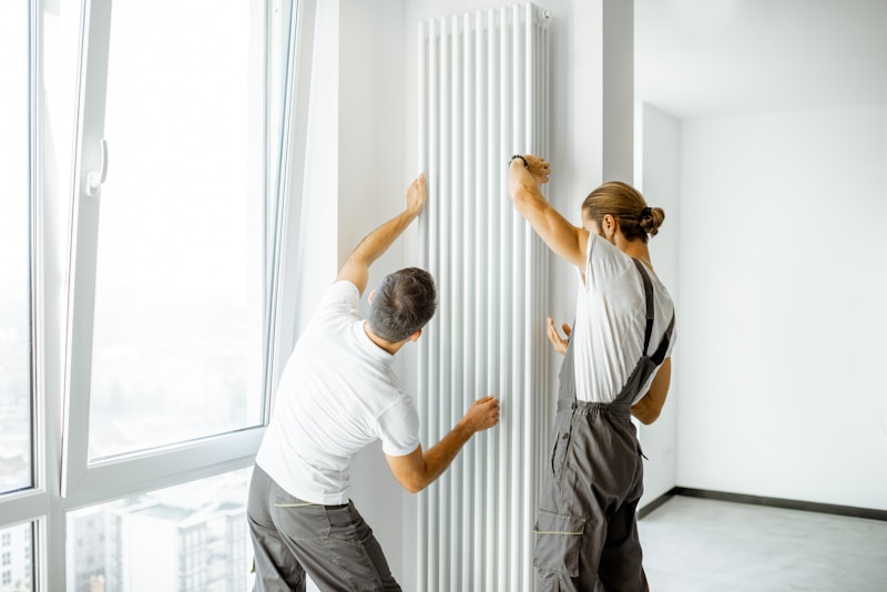 Heating engineers installing a radiator in a living room